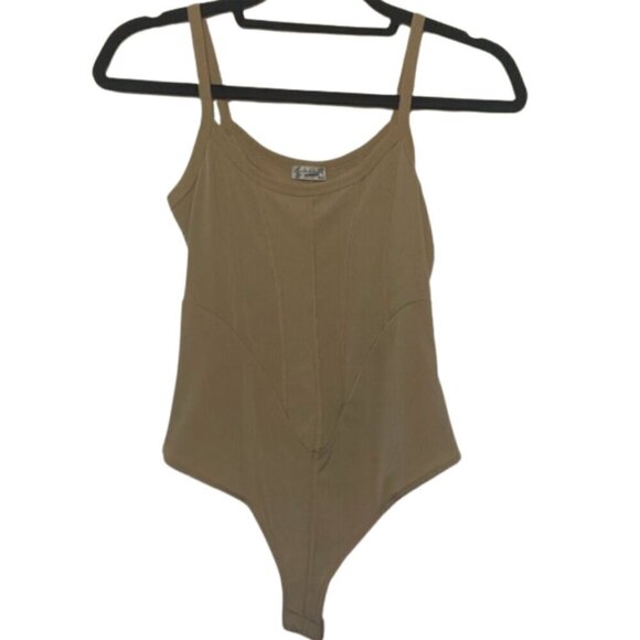 Free People XS tan ribbed exposed seam snap crotch bodysuit NWOT - Picture 1 of 5